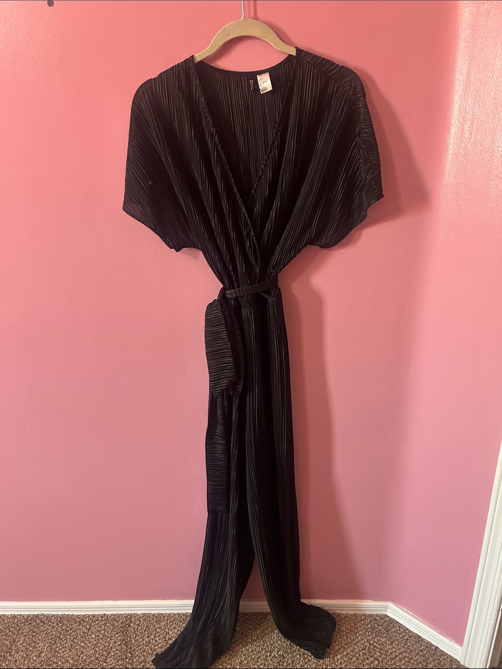 H&M Black Pleated Wrap Jumpsuit with Waist Tie
